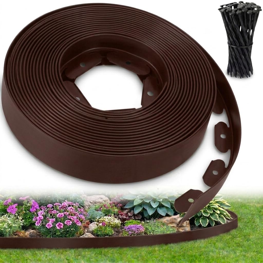Ediesi, Bordura Jardín Exterior, 20 m, Flexible, Borde plástico Resistente 5 mm, borduras para delimitador césped, Caminos fácil instalación con 60 Piquetas (Marrón, 20 Metros)