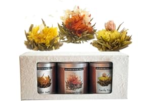 The Exotic Teapot - Flowering Tea Selection Box, 3 Sampler Tins of Blooming Tea, Jasmine Flower Tea Balls