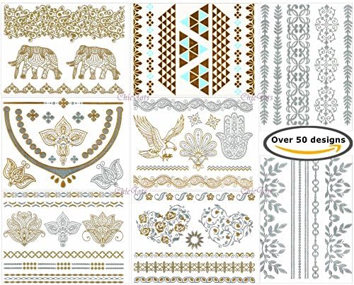 Metallic Gold &amp; Silver Temporary Flash Tattoos - BRACELET &amp; BANGLE - 8 Small Sheets per Pack - What you see in the main image is what you get - Bling Body Art &amp; Jewelry for Women &amp; Girls - Waterproof Fashionable Body Makeup/Stickers
