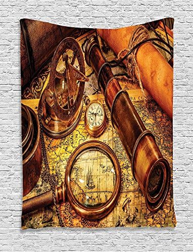ufdinhaha Antique Decor Tapestry, Magnifying Glass, Compass, Telescope And A Pocket Watch On An Old Map Nautical, Bedroom Living Room Dorm Decor, 40 W x 60 L Inches