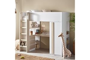 happybeds White Kids High Sleeper, Ocean Pale Wood and White Children's High Sleeper with Storage