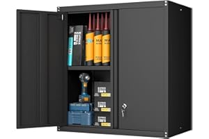 GREATMEET Metal Wall Cabinet, Wall Mounted Storage Cabinet with Lock for Garage Storage, Floating Cabinets with Doors and Adjustable Shelf for Utility Room, Black