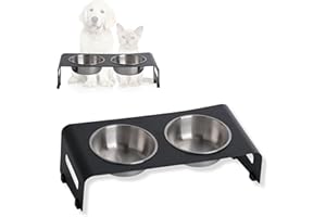 PETLINUS Gamelle Chat Surélevée et Inclinée Double - Gamelle Chat Acier avec Support en métal - Incliné à 15º- Gamelle Chiot, Gamelle Chien Petit ou Bol Chat, Mangeoirs et Abreuvoirs - Noir