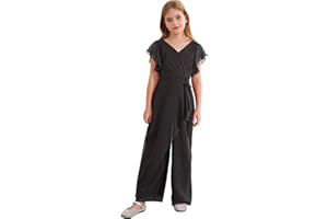 Moggemol Girls Ruffled Chiffon Dressy Casual Jumpsuit V-Neck Short Sleeve Wide Leg Long Pants Romper