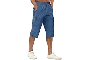 TACVASEN Men's 3/4 Length Shorts Cotton Casual Capri Cargo Shorts Cropped Trousers with Multi Pockets
