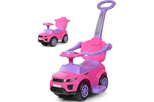 COSTWAY 3 in 1 Rutschauto Schiebeauto, Rutschfahrzeug mit abnehmbarem Schiebgriff, Schutzbügel & verstecktem Stauraum, Spielzeugauto mit Hupe Musik Licht, Rutsch Auto für Kinder ab 1 Jahr (Rosa)
