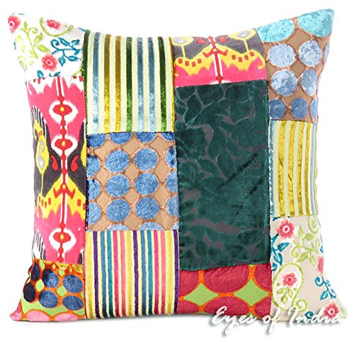 Eyes of India DE Colores Terciopelo Cobertor Decorativo Sofá Fundas de colchón Almohada Boho Bohemio Indio - Multi, Multi, 16 X 16 in. (40 X 40 cm)