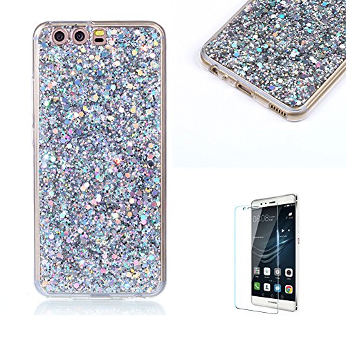 TPU Silikon für Huawei P10,Glitzer Handyhülle für Huawei P10,Funyye Luxuriös Silber Glänzend Bling Pailletten Kristall Durchsichtig Rahmen Shinning Glitter Gel Silikon TPU Hülle TPU Silikon Handytasche Weiche Rückseite Telefonkasten für Huawei P10 + 1 x Frei Displayschutzfolie