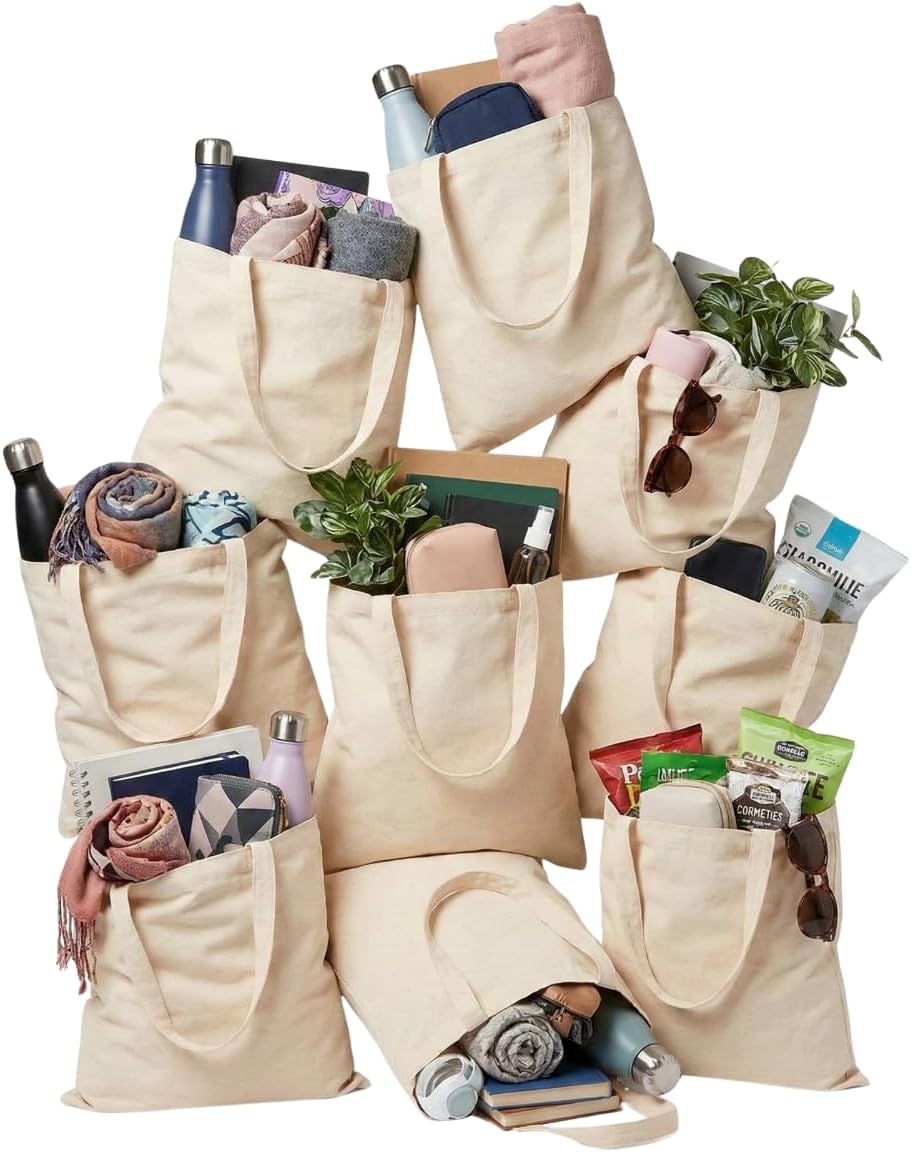 ORATIC Pack Tote Bag 100% Algodón Natural Reutilizables de 42x38cm y 140 g/m² – Bolsas de Tela Resistentes para Uso Diario con Asas Largas de 70cm y Tamaño Práctico