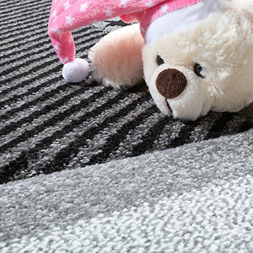 Kinderteppich Sterne Muster Kurzflor Konturenschnitt Karo Design Grau Schwarz , Grösse:120×170 cm - 2