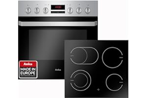 Amica Einbauherd Set | Herd-Kochfeld-Kombination | Backofen mit Grill und Umluft | Rahmenloses Glaskeramik Kochfeld mit Zweikreis und Bräterzone | Timer | Steam Clean | EHC 933 015 E