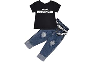 Verve Jelly Camiseta de manga corta con estampado de letras para niños pequeños y bebés, pantalones vaqueros rasgados con cinturón, 2 uds., trajes de ropa de primavera y verano