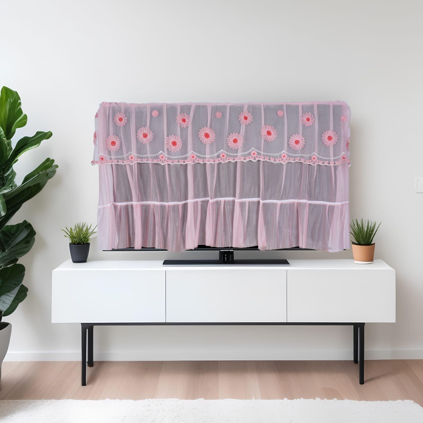 POWERUP BAR - Naturally Simple! Tempered Glass Pe Lace Lcd Tv Cover Household Hanging Tv Cover One Piece (Pink, 50 to 55)