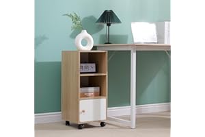 SANERY Mobile File Cabinet, Under Desk Rolling Storage Cabinet with Door & Open Shelves, Wooden Filing Cabinet on Wheels, Floor Standing Printer Stand for Home Office, Slim Bedside Drawer Unit, Walnut