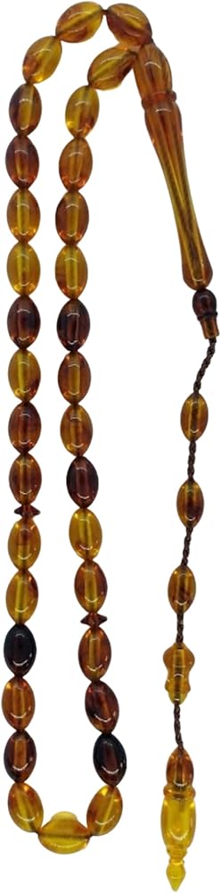 Oftenadmire Kehribar Renk Tesbih, Sistemli Püskül 33'lü Arpa Model, Akrilik Malzeme, 7x11mm Boncuk