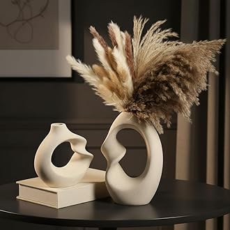 PUREZENTO Unique White Ceramic Donut Vase 8.5 & 5.7 Inch - Set of 2 | Decorative Donut Vase for Dried Flowers & Pampas Grass | Vases for Modern Home D