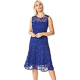 Roman Originals Women Lace Overlay Dress - Ladies Skater Fit and Flare Wedding Guest Smart Formal Stretch Shimmer Lined Metal