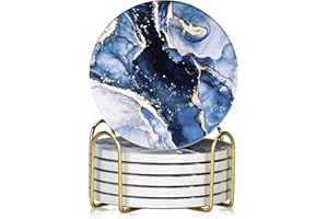 BRILLIRARE Drink Coasters with Holder 6 Pack, Ceramic Coasters Marble Style, Absorbent Abstract Coasters Set, 4in Cup Mat for Any Cups, Home, Living Room Decor, Tabletop-Protection for Coffee Beverage-Navy Blue