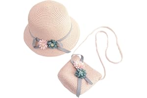 NUOBESTY Girls Straw Hat and Bag, Flowers Straw Cap Beach Sun Hat Tea Party Hat Purse for Little Girls Age 3-12 (Pink)