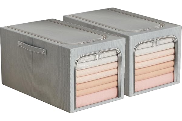 FLYNGO Linen 2 Pcs 31L Foldable Steel Frame Clothes Organizer Storage Box, Cloth Wardrobe Organizer for Storage Home, Bedroom with Handle - 31 Liters (Pack of 2, Grey)