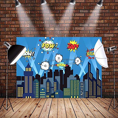 AerWo 7 x 5 Ft City Fotografía Telón de poliéster Superhéroe Foco Brillante Estrellas Noche Ciudad Fotografía Fondo para Niños Cumpleaños Fiesta Decoración
