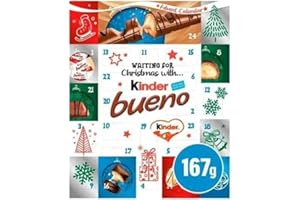 AMAMITRADE Kinder Bueno Calendrier de l'Avent 167 g avec autocollant de Noël – Lait et noisette – Chocolat blanc foncé au lait – Pour enfants et adultes