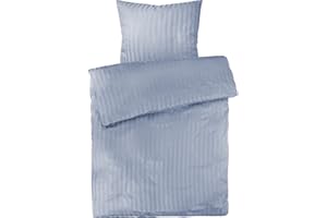 Pure Label Mako Satin Damast Streifen Bettwäsche hellblau 135 x 200 cm mit Kissenbezug 80 x 80 cm aus 100% Baumwolle - Traumhaft weiches Mako Satin Bettwäsche Set in Uni