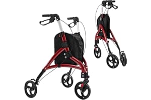 HOMFME Lightweight Folding Rollator Walkers, Aluminium Tri Walking Frame with Adjustable Handle, Storage Bag, Braking System, Foot Lift, 3 Wheel Medical Walking Aid for Elderly Disabled (Red)