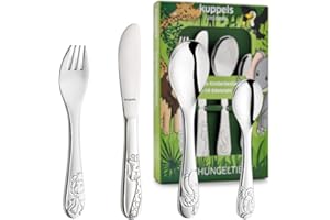 ‎KUPPELS Kuppels Dschungeltiere Kinderbesteck Set 4-teilig im Geschenkkarton – ab 1 Jahr - Edelstahl 18/10 – Kindergabel und -messer, löffel & -teelöffel – spülmaschinenfest & kindgerecht