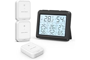 ORIA Termometr z higrometrem, wewnętrzny termometr z 3 czujnikami zewnętrznymi i wyświetlaczem LCD, zapis min./maks. w ℃/℉, przełącznik idealny do biura, domu - czarny