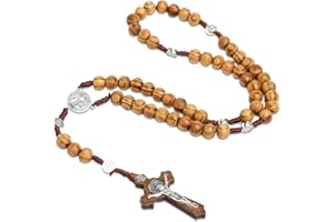 GVEYIQK Collier Chapelet en Bois, Collier Chapelet Croix Catholique, Collier de Perles de Prière en Bois Naturel, pour Communion Religieuse des Chrétiens Catholiques, Baptême, Messe, Bible