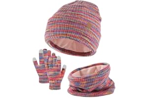 Lifup 3 in 1 Kinder Wintermütze Schal Handschuhe Set für Junge Mädch 4-10 Jahre, Wintermütze mit Bommel Strickmütze Schlauchschal Winterhandschuhe Set