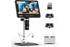 TOMLOV DM601 Microscopio Digitale a Tre Lenti, Microscopio LCD HDMI con Schermo, 7" Microscopio per Saldatura, Lente per Monete con Vetrini, Supporto da 10", 64 GB, Compatibile con Windows/Mac