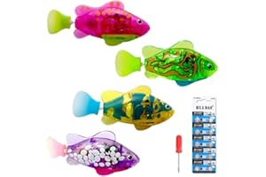 SKIKHN 4 Stück Roboter Fisch, Elektrische Fische mit Leuchtende, Robo Fische für Kinder, Wiederverwendbare Schwimmende Roboterfische mit 10 Batterien LED-Leuchten, Badespielzeug Set für Kinder