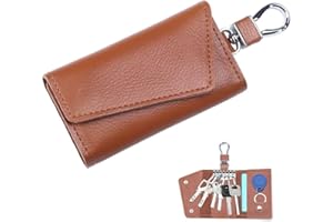 Azlanway Étui à clés en cuir pour homme et femme - Triple pliage - Multifonction - Organiseur de clés en cuir - Avec 6 crochets à clés - 3 compartiments individuels - Marron