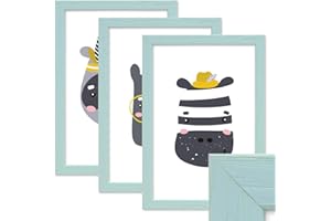 PHOTOLINI Bilderrahmen Kinderzimmer A4 21x30 cm Blau, 3er Set Wechselrahmen farbig, Holz, Acrylglas, Made in Germany, zum Aufhängen, mit Zubehör - für Bunte Kinderbilder