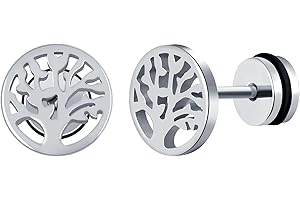 INFINIONLY Men's Women's Stainless Steel Earrings Studs Round Statement Earrings for Boy's Tree of Life Studs Creative Stainless Steel Jewellery