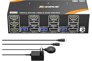 YOUTINGHDAV KVM Commutateur 3 PC 3 moniteurs 8K @ 60Hz / 4K @ 144Hz, Displayport 1.4 HDMI 2.1 USB 3.0 KVM Switch Triple Moniteur pour 3 PC Partage Souris, Clavier avec Télécommande filaire et