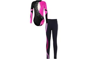 iiniim Enfant Fille Justaucorps Gymnastique Manches Longues Strass Body Et Legging Danse Ballet Bodysuit Gym Patinage Costume Spectacle 5-10 Ans