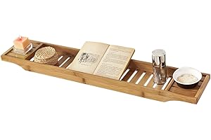 SoBuy Bamboo Bathtub Tray 80cm Wooden Bath Caddy Bridge – Extra Long & Lacquered for Large Bathtubs, Wine Glass Holder & Candle Slot FRG212-N