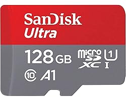 SanDisk Ultra 128 GB microSDXC Memory Card + SD Adapter with A1 App Performance Up to 120 MB/s, Class 10, U1, Red/Grey,SDSQUA