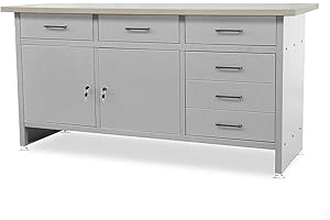 JAN NOWAK Stół warsztatowy z blatem roboczym Stół roboczy z 6 szufladami 2 schowki Regulowane nóżki Blat roboczy z płyty MDF Obciążenie do 500 kg Metal 170 cm x 60 cm x 85 cm Szara