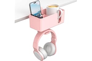 Uchwyt na Kubek na Biurko 4 w 1 KDD - Zacisk na Wieszaku na Słuchawki Pod Biurkiem - Obrotowy Uchwyt na Słuchawki Odłączany Uchwyt na Kubek na Biurko na Kubek, Telefon i Długopis(Różowy)