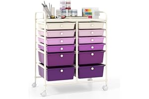 COSTWAY 12 Drawers Rolling Storage Cart, Home Office Stationary Utility Trolley with 4 Wheels, Multipurpose Mobile Organiser Shelving Unit for Makeup Beauty Salon (Gradient Purple)