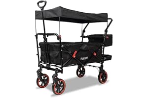 FUXTEC faltbarer Bollerwagen FX-CT850 Schwarz – klappbar mit Dach, Vorder- und Hinterrad-Bremse, Vollgummi-Reifen & Innenraumverlängerung – für Kinder geeignet – Das Original