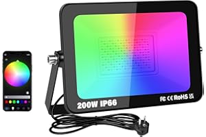 RIGIDON 1X 200W RGB Projecteur LED Extérieurs App Télécommande, 20000LM Exterieur & Interieur couleur RGBW Lumière de Projecteur, Minuteur Neon Spot Led Pour Jadin, Terrasse, Patio, IP66 étanche