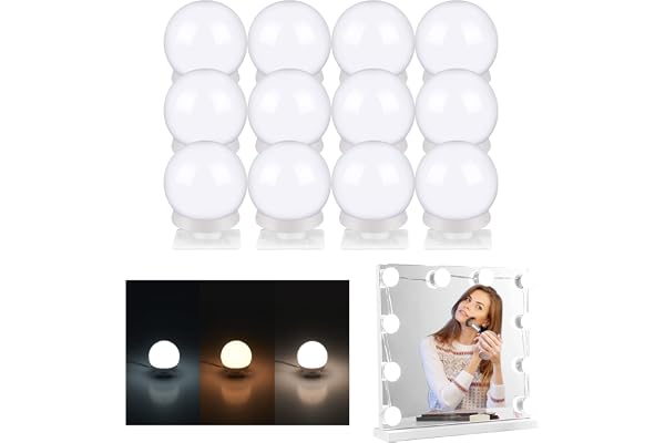 LED Miroir Coiffeuse Lumiere Hollywood: 12 Lampes LED Lumiere Éclairage Maquillage, 3 Couleurs et 12 Ampoules Miroir Rechargeables USB Intensité Variable Coiffeuse Salle de Bain Miroir Cosmétique