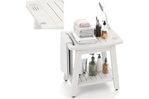 HOMASIS Sgabello Bagno in HIPS, Sgabello Doccia con Portasapone, Porta Asciugacapelli, Porta Asciugamani e 2 Ripiani, Sgabellino da Bagno Multiuso per Incinta e Disabili, Portata di 150 kg, Bianco