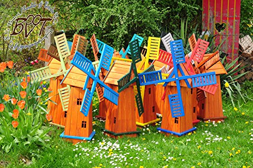 XXL Windmühlen, Garten-Windmühle 100 cm, HOLZ einstöckig Designer-KLASSIK MIT BALKON-Rand Fenster, ECK100-he-MS, voll funktionstüchtig,schöne Details, Fensterkreuz Deko-Windmühlen Outdoor, Windfahne / Windrad komplett mit Solar, Solarbeleuchtung DOPPEL-SOLAR LICHT 1 m groß hellbraun braun Flügel – Leisten brauner Korpus unten, für Innen- und Außenbereich, Balkon, Garten und Terrasse, wunderschöne Gartenzierde - 3