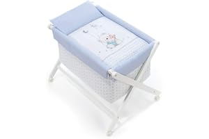 Danielstore Minicuna Plegable | 90x55x72 cm, Madera lacada, colchón Incluido | Ruedas con Freno, Textil algodón, fácil Montaje | Confort y Seguridad para bebé (Oso Columpio Azul)